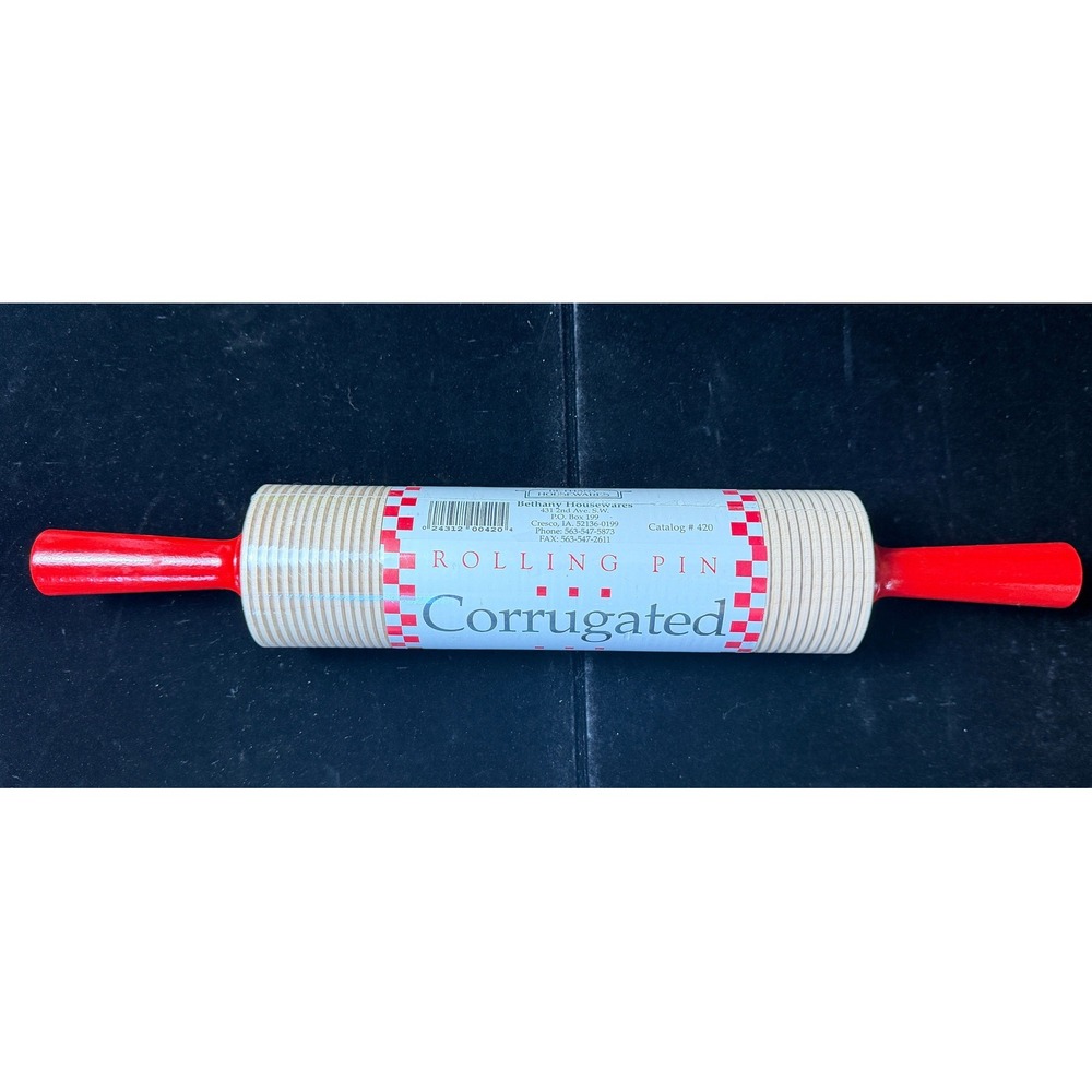 Bethany Housewares 420 Corrugated Rolling Pin Hard Maple Wood Red Handle Lefse